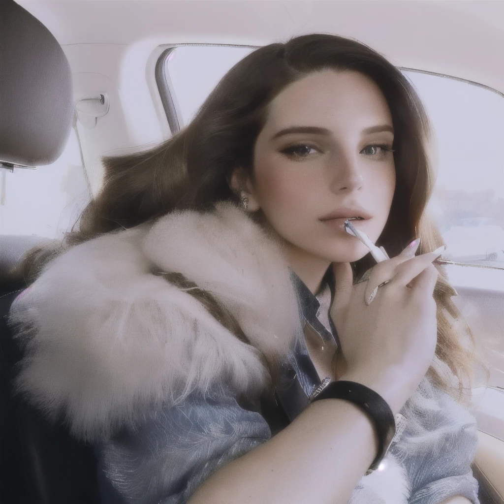 woman with long hair and blue nails sitting in a car, lana del rey, a portrait of lana del rey, with cigarette in mouth between two fingers, by Anita Malfatti, sitting in her car, in style of petra collins, in style of juergen teller, cigarette, inspired by Nan Goldin, inspired by Elsa Bleda, bad girl