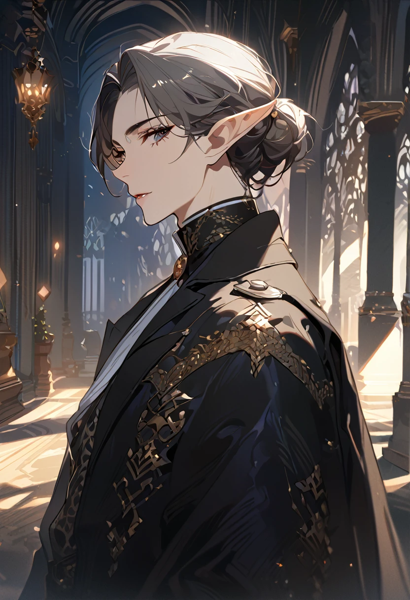 masterpiece, best quality, 8k ,4k , 1 male, elf, long ears elf, dark grayish hair, dark greenish eyes, hair ornament, finely detailed eyes and detailed face, looking at viewer, from side, meticulous clothes, formal clothes, combination of white and black coat, half cape by the shoulders, patterned clothes, majestic looks, sharp looks, shadows, inspired by Asukaziye artist : ask, art style : ask
