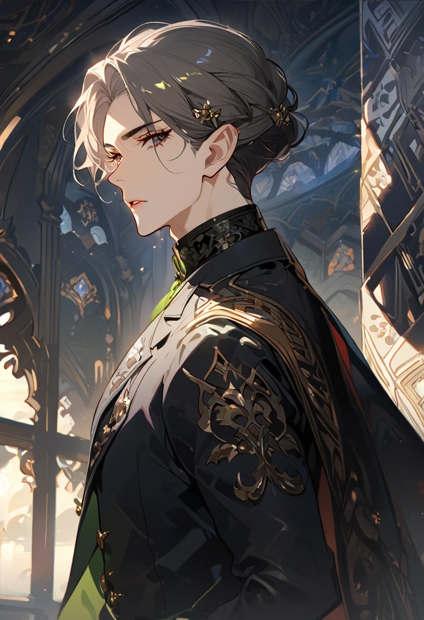 masterpiece, best quality, 8k ,4k , 1 male, elf, long ears elf, dark grayish hair, dark greenish eyes, hair ornament, finely detailed eyes and detailed face, looking at viewer, from side, meticulous clothes, formal clothes, combination of white and black coat, half cape by the shoulders, patterned clothes, majestic looks, sharp looks, shadows, inspired by Asukaziye artist : ask, art style : ask