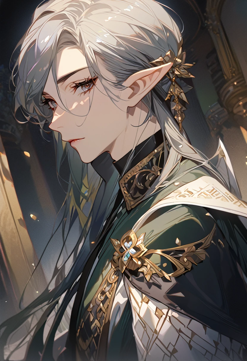 masterpiece, best quality, 8k ,4k , 1 male, elf, long ears elf, dark grayish hair, dark greenish eyes, hair ornament, finely detailed eyes and detailed face, looking at viewer, from side, meticulous clothes, formal clothes, combination of white and black coat, half cape by the shoulders, patterned clothes, majestic looks, sharp looks, shadows, inspired by Asukaziye artist : ask, art style : ask