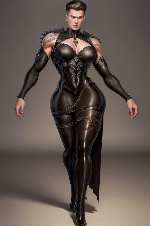 A young man, having long legs, thick thighs, large hips, thin and narrow weist, big large feminine breasts, large male reproductive organs, very small spikey boyish haircut, wearing dress , hot male , detached sleeves , forest