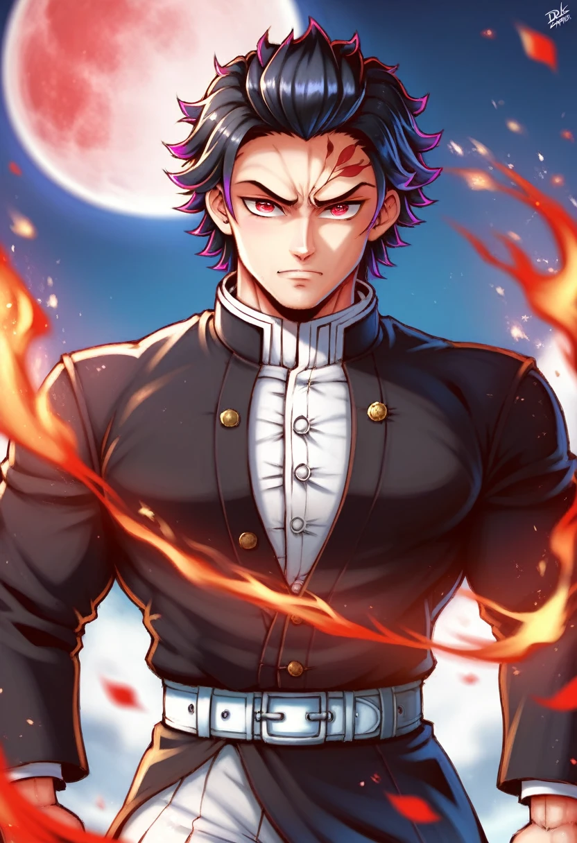 Ultra detailed, highres, absurdres, HDR, master piece, male demon slayer, medium length black hair, expressive red eyes, white haori with patters of flames, black demon slayer uniform, Kimetsu No Yaiba, fantasy, handsome, sexy man, solo, magic, shining red fireflies, best quality, extremely detailed face and eyes, fire, red moon