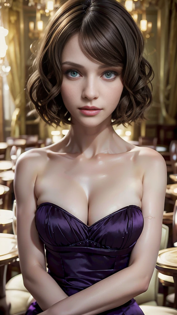 best resolution, russisn, half-body shot, 4heads, four headed girl, brown hair,  green eyes, bob haircut, purple dress, wavy hairs.