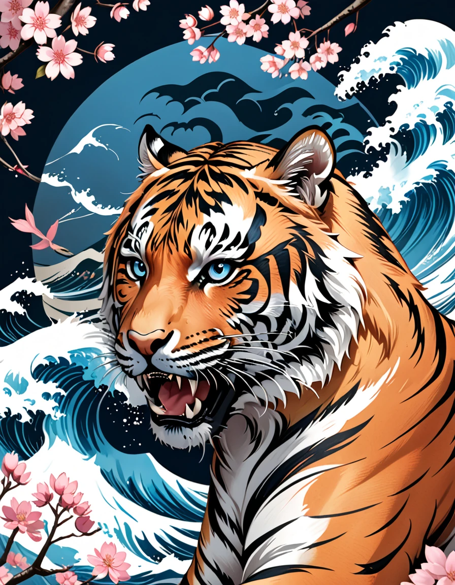 Traditional Japanese tattoo design, realistic tattoo art of Orange tiger with (((Blue eyes))) with pink sakura petal effect ,he is with open mouth looking very fierce and angry, the background is Japanese wave tattoo, (Unity 16K Wallpaper, masterpiece, Best Quality, high quality, Ultra-detailed, extremely details), a tattoo design, realistic tattoo art of Orange tiger with (((Blue eyes))) with pink sakura petal effect ,he is with open mouth looking very fierce and angry, the background is Japanese wave tattoo, upper arm tattoo,
