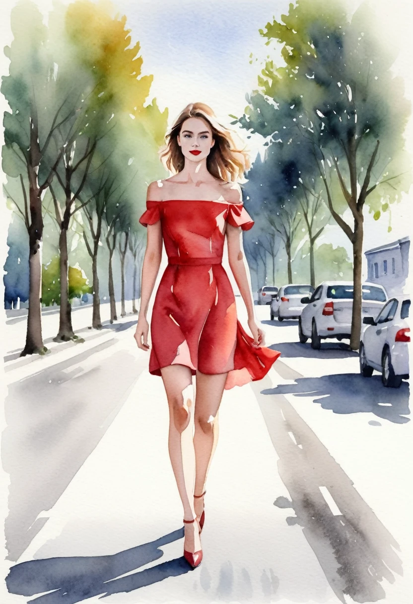 Watercolor illustration of a fair-skinned woman, wearing a short red dress with wide shoulders and off-the-shoulder sleeves, walking on a gray asphalt road. Ao fundo, a blurred image of trees or buildings.