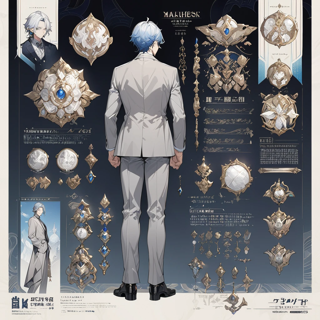 Grey suit、Blue Hair、((masterpiece, Highest quality)), male, maleの子, Detailed face, Character design sheet， Full Body, Full of details, Front view, Back view, Very detailed, depth, Many parts, maleの子 with white hair，Handsome, Scholar&#39;s outfit, 背の高いmale性、