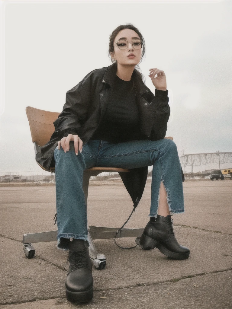a woman sitting on a chair wearing black jacket with jeans