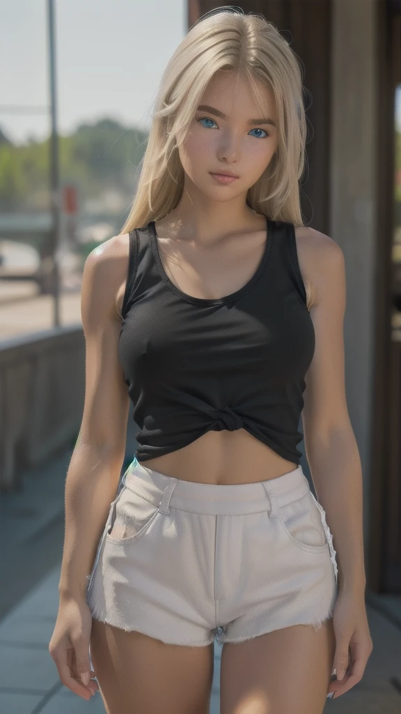 nsfw:1.5, Top quality, masterpiece, ultra high resolution, , (top quality, high resolution, 4K, detailed lighting, shaders, perfect anatomy, perfect proportions), eye of the beholder, (masterpiece, top quality) (top quality, 4K, 8K, high resolution, masterpiece: 1.2), highly detailed, (masterpiece: 1.3, top quality, ultra high resolution, ultra detailed), (top quality: 1.2), perfect eyes, perfect face, (top quality, 4K, 8K, high resolution, masterpiece: 1.2), highly detailed, (top quality, 4K, 8K, high resolution, masterpiece: 1.5), highly detailed, masterpiece, top quality, ultra detailed, top quality, high resolution, 32K CG, very delicate and beautiful, illustration, high resolution, sharp focus, girl 1 person, very beautiful and detailed anime face, very detailed eyes, ((masterpiece)), ((best quality)), (super detailed), ((cute)), cute, ((very detailed)), 4K, (8K), best quality, (best quality, 8K, 32k, masterpiece, super high resolution, very detailed, impressionistic:1.2), blurred background, (two arms) , (two legs), (four fingers and 1 thumb) , only one belly button, Bare shoulders.
((American girl)), (Around 20 years old), (Profile: 0.8), (Squint: 1.6), (High nose: 1.2), ((Walking)) ((Beautiful woman)), ((Blonde hair)), ((Beautiful blue eyes)). ((Semi-long straight hair)), (Natural gentle expression: 1.2), ((Full thighs: 1.2)), ((Bangs parted in the center to show forehead)), (((Tanned skin)), (((Black sleeveless tank top)))), (((White hot pants)), ((White sneakers)),