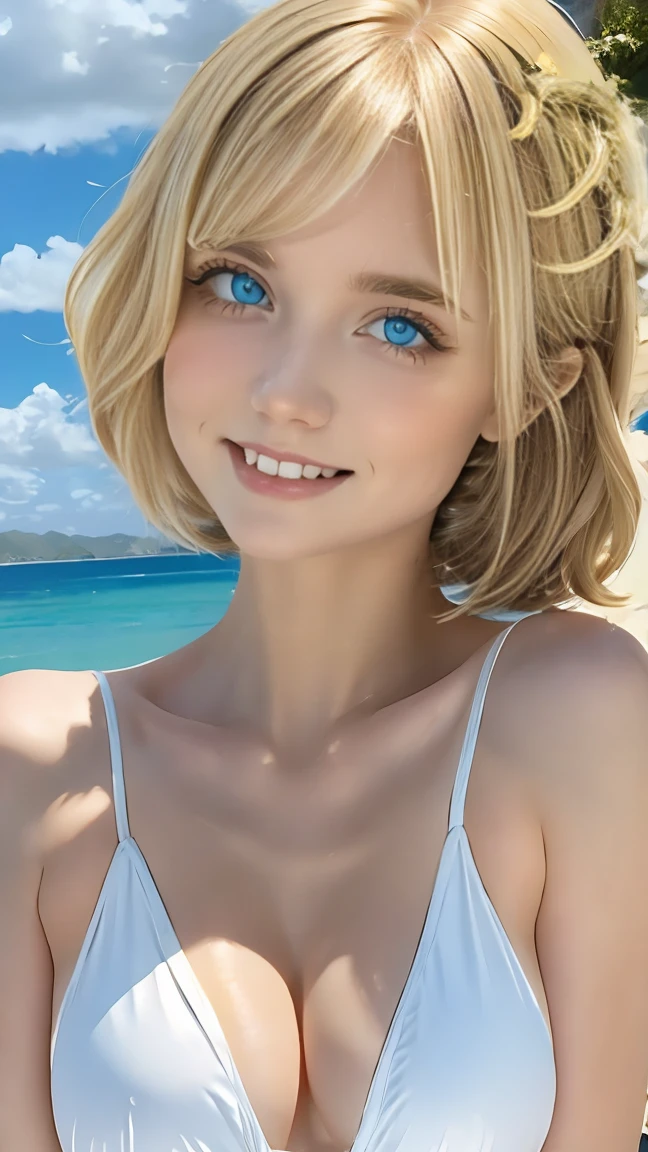 (masterpiece:1.2), (highest quality:1.2),, Curvy but slender body, perfect eyes, perfect face, perfect lighting, 2 girls, ，on the beach，（standing position），（white one piece swimsuit），（whole bodyのフルショット），（short hair），（smile），curly hair, fine clothes, detailed outdoor background, compensate, eye shadow, thick eyelashes, fantasy, looking at the viewer, whole body、blue sky、bright and beautiful face、young shiny glossy white shiny skin、the best beauty、the most beautiful bright blonde hair in the world、thin hair、short hair、Shining beautiful bangs、big shining blue eyes、very beautiful and nice 18 years old, the most beautiful girl in the world、small breasts