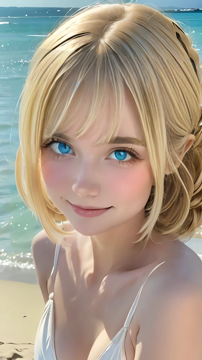 (masterpiece:1.2), (highest quality:1.2),, Curvy but slender body, perfect eyes, perfect face, perfect lighting, 2 girls, ,on the beach,(standing position),(white one piece swimsuit),(whole bodyのフルショット),(short hair),(smile),curly hair, fine clothes, detailed outdoor background, compensate, eye shadow, thick eyelashes, fantasy, looking at the viewer, whole body、blue sky、bright and beautiful face、young shiny glossy white shiny skin、the best beauty、the most beautiful bright blonde hair in the world、thin hair、short hair、Shining beautiful bangs、big shining blue eyes、very beautiful and nice 18 years old, the most beautiful girl in the world、small breasts