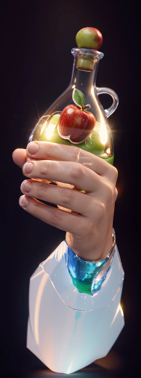 TA hand holding a green and red apple-shaped object with a bite taken out of it, smooth 3d model, glossy plastic texture, multiple light sources, rim light, sharp post effects render, most beautiful vfx, , realistic, 4k, high resolution, rim light, smooth 3d model. , glossy texture, smooth 3d model, multiple light sources, rim light, sharp post effects render, (glossy plastic texture with multiple big light probe refractions), perfect cgi, reflective, best quality, 4k, masterpiece:1.2, ultra-detailed, realistic, vivid colors, The image of the highest quality, ensuring every detail showcased perfectly. It in 4k resolution, allowing viewers to immerse themselves in the richness of the colors and intricate details. The realistic rendering. under the spotlight, reflecting, high-resolution image, realistic rendering