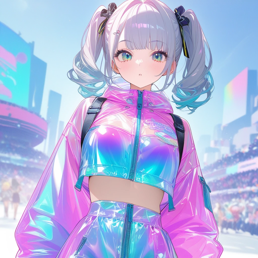 Transparent color PVC clothing, Transparent Color Vinyl Clothing, Prismatic, Holographic, chromatic aberration, Fashion Illustration, masterpiece, Harajuku fashion girl, View your viewers, 8k, Super detailed, Pixiv , masterpiece, Highest quality, score_9, score_8_superior, score_7_superior, Very detailed