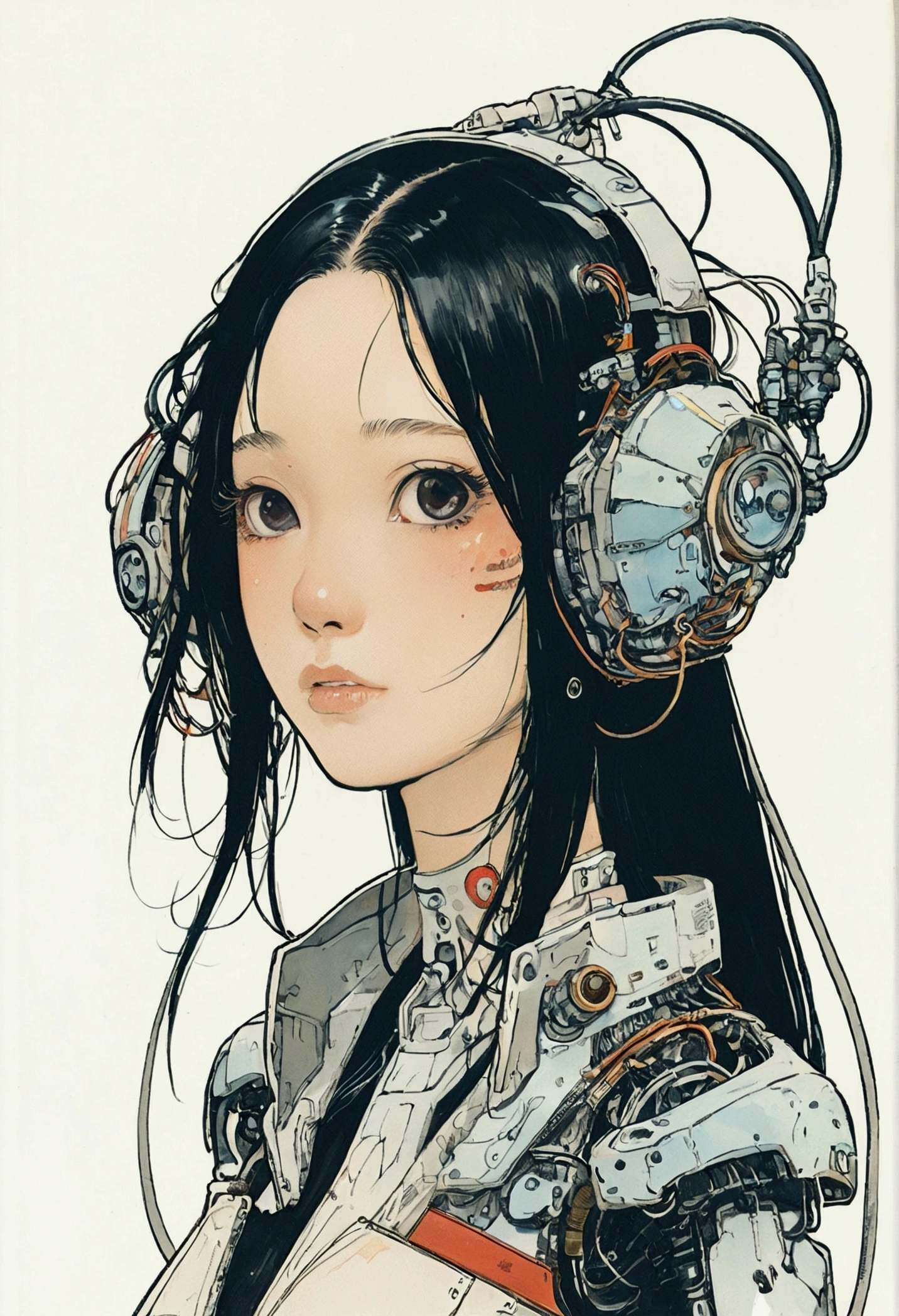 The Style of Kawanabe Kyosai、Female character design wearing a white cybernetic exoskeleton、Black Hair、Shortcuts、Concept Design Sheet、White background