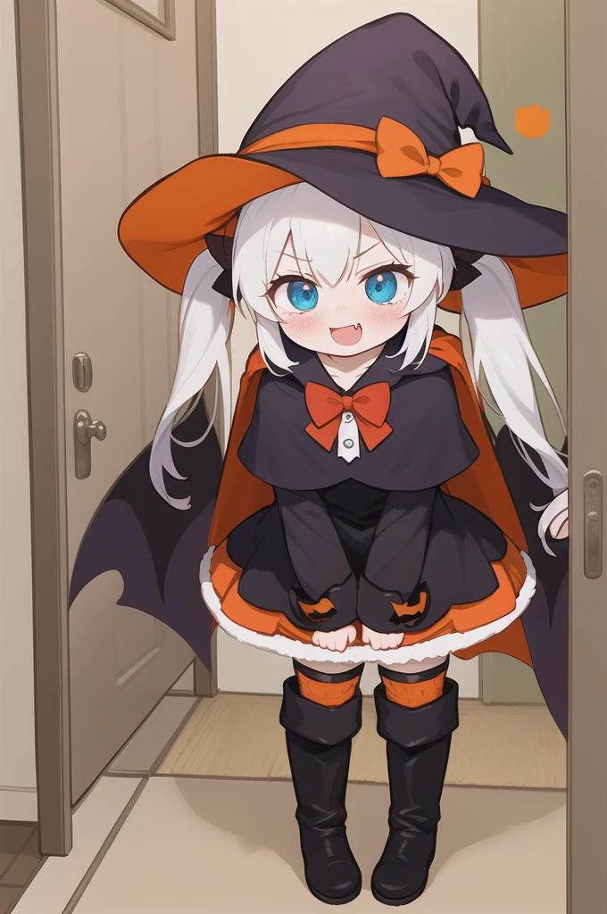 indoors,door,open door,halloween,halloween bucket,lollipop,sidelocks,1girl,solo,witch,kawaii,full body,
blue eyes,blush,nose blush,open mouth,^^^,wavy mouth,(evil smile:1.3),fang,embarrassed,v-shaped eyebrows,
white hair,bangs,o_o,long hair,twintails,
standing,hand between legs,holding basket,
pee,peeing,have to pee,peeing self,between legs,trembling,trick or treat,
hat,witch hat,halloween costume,dress,black dress,short dress,bowtie,red bowtie,bow,red bow,black headwear,stocking,black stocking,boots,knee boots,black footwear,long sleeves,capelet,cape,red capelet