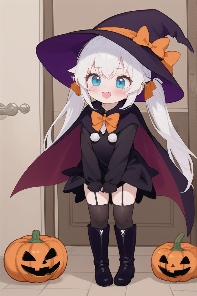 indoors,door,open door,halloween,halloween bucket,lollipop,sidelocks,1girl,solo,witch,kawaii,full body,
blue eyes,blush,nose blush,open mouth,^^^,wavy mouth,(evil smile:1.3),fang,embarrassed,v-shaped eyebrows,
white hair,bangs,o_o,long hair,twintails,
standing,hand between legs,holding basket,
pee,peeing,have to pee,peeing self,between legs,trembling,trick or treat,
hat,witch hat,halloween costume,dress,black dress,short dress,bowtie,red bowtie,bow,red bow,black headwear,stocking,black stocking,boots,knee boots,black footwear,long sleeves,capelet,cape,red capelet