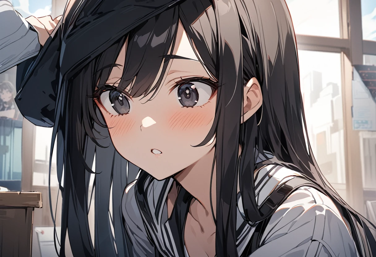 score_9, score_8_superior, score_7_superior, anime, One girl,black eye, Highest quality,  Black Hair, Long Hair, Chest to head, OL,