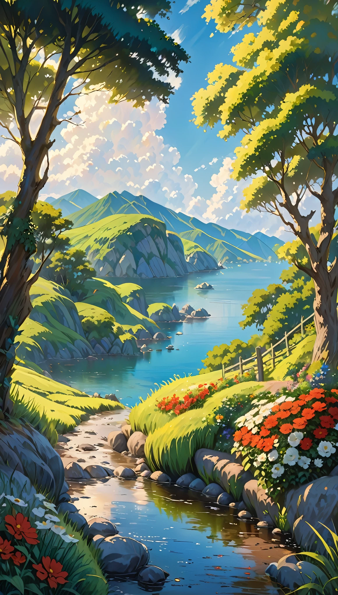 Realistic, authentic, beautiful and amazing landscape oil painting Studio Ghibli Hayao Miyazaki's petal grassland with blue sky and white clouds 8k, birds --v6