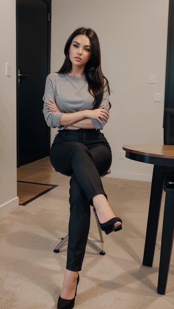 Brunette using a grey tight caffarena. straight black hair. black office pants. black stilettos. sitting, leg crossed. Instagram style photo, detailed face, UHD