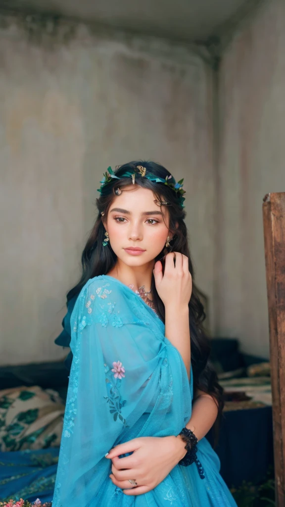 A beautiful girl with long flowing hair, detailed intricate floral crown, delicate features, piercing eyes, lush garden backdrop, vibrant colorful flowers, natural lighting, detailed skin, soft focus, dreamy atmosphere, elegant pose, serene expression, photorealistic, high quality, 8k, masterpiece, cinematic, fantasy art