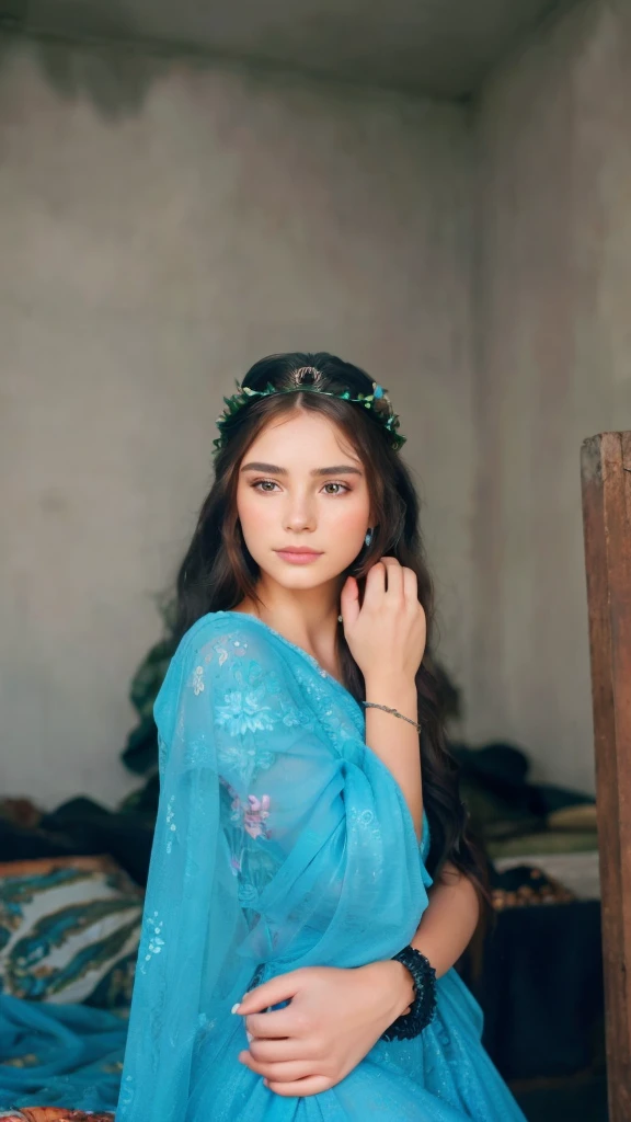 A beautiful girl with long flowing hair, detailed intricate floral crown, delicate features, piercing eyes, lush garden backdrop, vibrant colorful flowers, natural lighting, detailed skin, soft focus, dreamy atmosphere, elegant pose, serene expression, photorealistic, high quality, 8k, masterpiece, cinematic, fantasy art