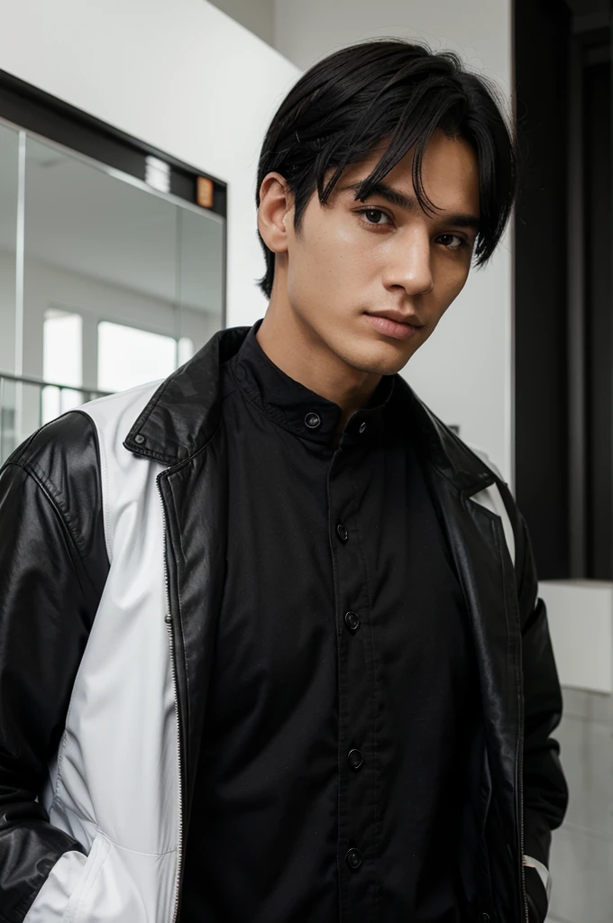 A man with white and half black hair wearing a black jacket and checkered shirt