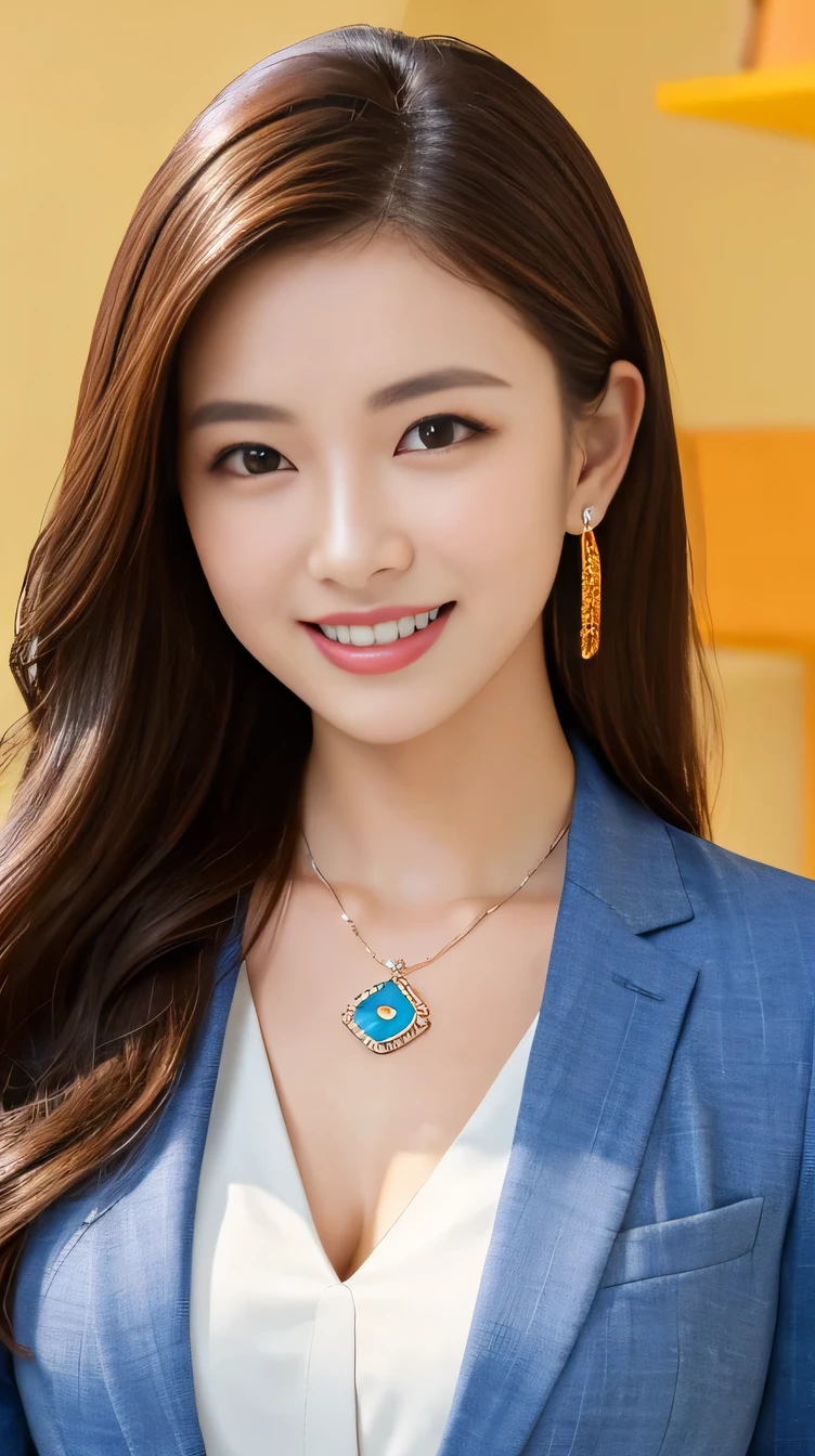 A woman in a blue suit and white shirt posing for a picture - SeaArt AI