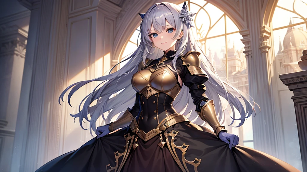 beautiful girl,Gray Hair,Brown thick dress,Long Hair,Gold decoration,girl,Gothic,Platinum color,Snowflake hair ornament,blue eyes,Thick clothes,saint,Iron Armor,star ,starの服の装飾,Beautiful clothes,Character portrait,whole body,Clothes with decoration,Golden Clothing,Highest quality,8k, masterpiece:1.3, Sharp focus:1.2,Anime Style,Gloss,Beautiful woman,Highly detailed face and skin texture,Fine grain,Beautiful eyelids,single,Shadow and light texture,palace,European style,1 person,indoor,White Breath,Weak smile
