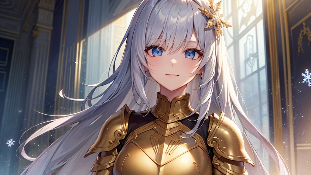beautiful girl,Gray Hair,Brown thick dress,Long Hair,Gold decoration,girl,Gothic,Platinum color,Snowflake hair ornament,blue eyes,Thick clothes,saint,Iron Armor,star ,starの服の装飾,Beautiful clothes,Character portrait,whole body,Clothes with decoration,Golden Clothing,Highest quality,8k, masterpiece:1.3, Sharp focus:1.2,Anime Style,Gloss,Beautiful woman,Highly detailed face and skin texture,Fine grain,Beautiful eyelids,single,Shadow and light texture,palace,European style,1 person,indoor,White Breath,Weak smile
