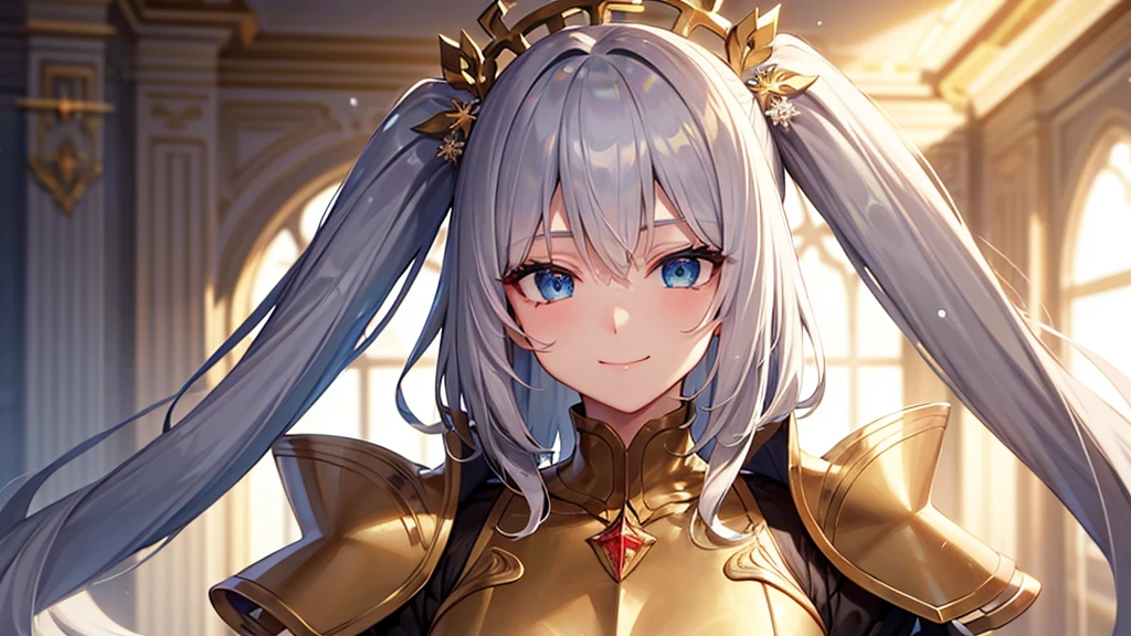 beautiful girl,Gray Hair,Brown thick dress,Long Hair,Gold decoration,girl,Gothic,Platinum color,Snowflake hair ornament,blue eyes,Thick clothes,saint,Iron Armor,star ,starの服の装飾,Beautiful clothes,Character portrait,whole body,Clothes with decoration,Golden Clothing,Highest quality,8k, masterpiece:1.3, Sharp focus:1.2,Anime Style,Gloss,Beautiful woman,Highly detailed face and skin texture,Fine grain,Beautiful eyelids,single,Shadow and light texture,palace,European style,1 person,indoor,White Breath,Weak smile