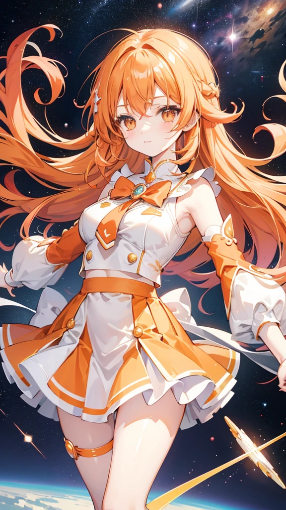 Kaede is a fair-skinned girl with long orange hair that have a darker ombre of a same color at the bottom and her hair is tie into a left side side half ponytail by an accessory consisting of two red sphere jewels. Kaede also has orange eyes. SPARKLE; GLITTER