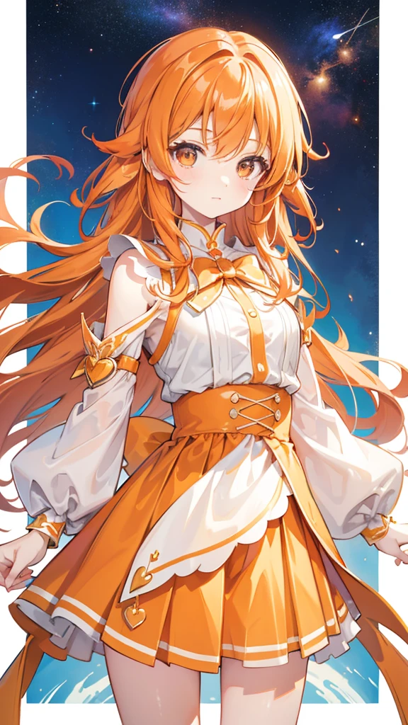 Magical girl Orange wavy hair Orange and white costume mini skirt Great style A relaxed expression universe space