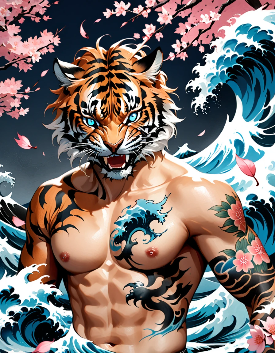 Traditional Japanese tattoo design, realistic tattoo art of Orange tiger with (((Blue eyes))) with pink sakura petal effect ,he is with open mouth looking very fierce and angry, the background is Japanese wave tattoo, (Unity 16K Wallpaper, masterpiece, Best Quality, high quality, Ultra-detailed, extremely details), a tattoo design, realistic tattoo art of Orange tiger with (((Blue eyes))) with pink sakura petal effect ,he is with open mouth looking very fierce and angry, the background is Japanese wave tattoo, upper arm tattoo,
