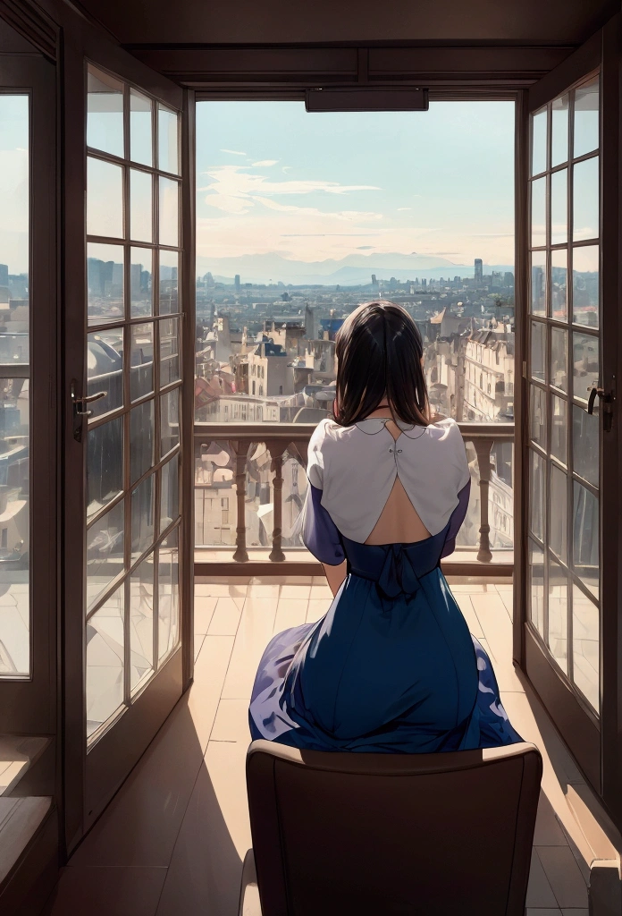 You're sitting on the sofa looking out the window at the city, outside the window it's raining, painting by Louis Hercent, tumbler, arabesque, great view, view from behind, looking from behind, seen from behind, shot from behind, great view, magnificent view, from behind, wonderful view, behindfrom behind, nice view, view from behind, viewed from behind