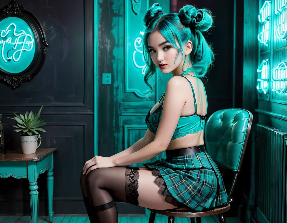 Imagine that in front of you is sitting on a vintage-style chair, a beautiful girl with her back open, her legs open and looking at you over her shoulder. She is wearing a very short, very sexy plaid skirt. She is insinuating you to have sex with her. Her beautiful face has a perfect Ahegao expression, she has school stockings and fashionable sneakers, her hair has two buns and a turquoise blue dye, she is not wearing a blouse, only a shiny black bra with lace details, they are in A minimalist style room with neon lights and very well defined details, this is a beautiful artistic photography