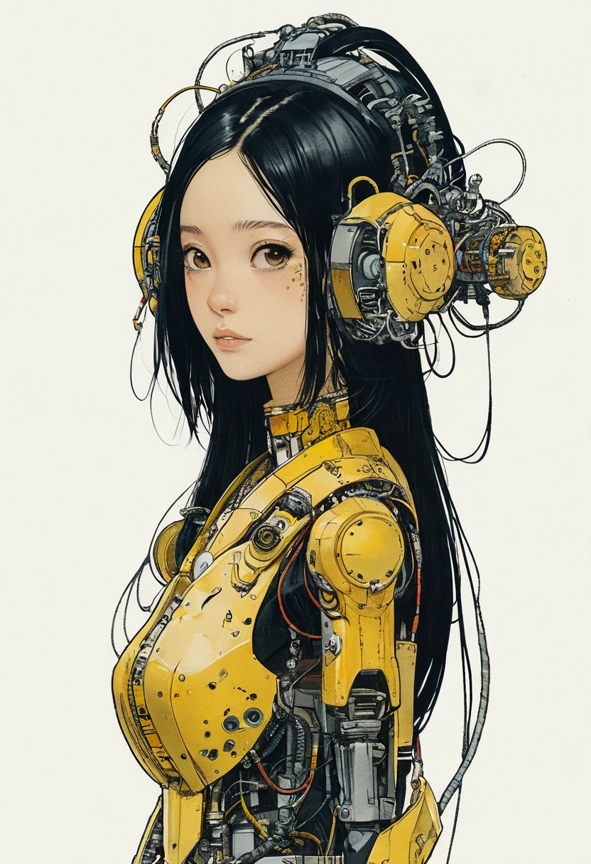 The Style of Kawanabe Kyosai、Female character design wearing a yellow cybernetic exoskeleton、Black Hair、Hime cut、Concept Design Sheet、White background