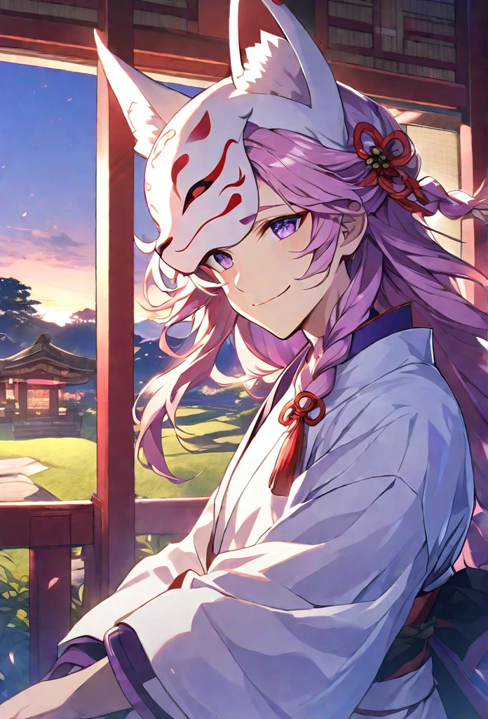 alone, 1 male, long-haired pink color, Tied at the shoulder、Braided hair ornament、Purple Eyes, White kimono, Fox Mask, Smile Facial, Red Higanbana, Higanbana, Red tassel hair accessory、Evening shrine