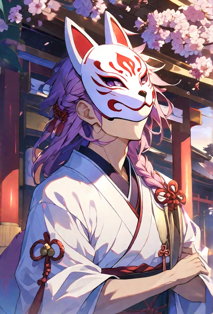 alone, 1 male, long-haired pink color, Tied at the shoulder、Braided hair ornament、Purple Eyes, White kimono, Fox Mask, Smile Facial, Red Higanbana, Higanbana, Red tassel hair accessory、Evening shrine
