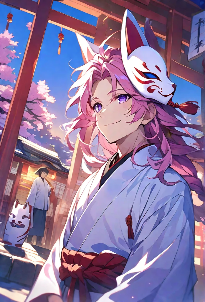 alone, 1 male, long-haired pink color, Tied at the shoulder、Braided hair ornament、Purple Eyes, White kimono, Fox Mask, Smile Facial, Red Higanbana, Higanbana, Red tassel hair accessory、Evening shrine