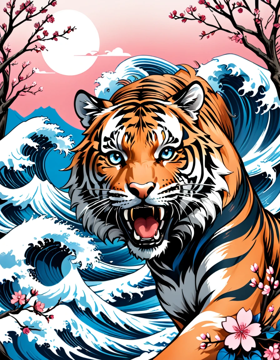 Traditional Japanese tattoo design, realistic tattoo art of Orange tiger with (((Blue eyes))) with pink sakura petal effect ,he is with open mouth looking very fierce and angry, the background is Japanese wave tattoo, (Unity 16K Wallpaper, masterpiece, Best Quality, high quality, Ultra-detailed, extremely details), a tattoo design, realistic tattoo art of Orange tiger with (((Blue eyes))) with pink sakura petal effect ,he is with open mouth looking very fierce and angry, the background is Japanese wave tattoo, upper arm tattoo,
