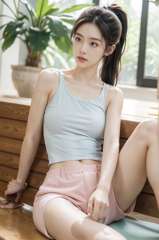 (((best quality))),(((ultra detailed))),(((masterpiece))),illustration,(1 beautiful girl,solo),((slim,thin)),((small breasts,flat chest)),(blush:1.5),summer afternoon,living room,sanctuary of tranquility,fitness,grace,(short ponytail:1.2),effortless elegance,((light blue yoga tank top,matching shorts)),youthful radiance,enchanting,inspiring,(sitting on treadmill:1.3),(arms behind back:1.3),(spread legs apart:1.3),body drenched in perspiration,(sweat:1.5),dedication,inner strength,determination,composed,focused,eyes,lush potted plant,greenery,life,vitality,soft sunlight,warm patches of light,wooden floor,fragrant cookies,cozy ambiance,attire,functional,fashionable,comfort,flexibility,slender figure,curves,lightweight material,unrestricted movement,sneakers,feet,grip,treadmill's belt,propel,forward,serene expression,slight smile,lips,focused on horizon,visualizing goals,dreams,radiant beauty, comfortable clothing,determined spirit,captivating,inspiring image,essence of summertime fitness,self-care,((from front,full body))