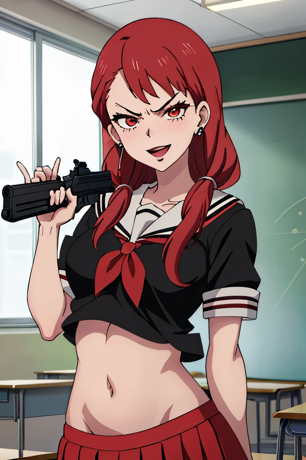  {sarina_shizukume_mahoushoujosite:1.15}, red_hair, red_eyes, long_hair, anime_coloring, brown_eyes,medium breast, lipstick, red lips, large breasts, ear piercing, long hair, blush, lipstick,Hot girl, baddie, staring, glaring, bad attitude, mean girl, dare, angry, hate, crazy, smoking, sensual, attractive , masterpiece, best quality, highly detailed, a anime girls in sailor uniforms with a gun posing for a picture,
evil smile, smile, open mouth,black_serafuku, ecchi anime style, anime girls , (nsfw) not safe for work,
ecchi style, ecchi, shipgirls, digital anime art!!, high school girls, holding a gun, hold a gun, anime style 4
k, micro skirt, exposed belly, exposed navel, exposed midriff, holding pistol,
exposed lower belly,school, classroom