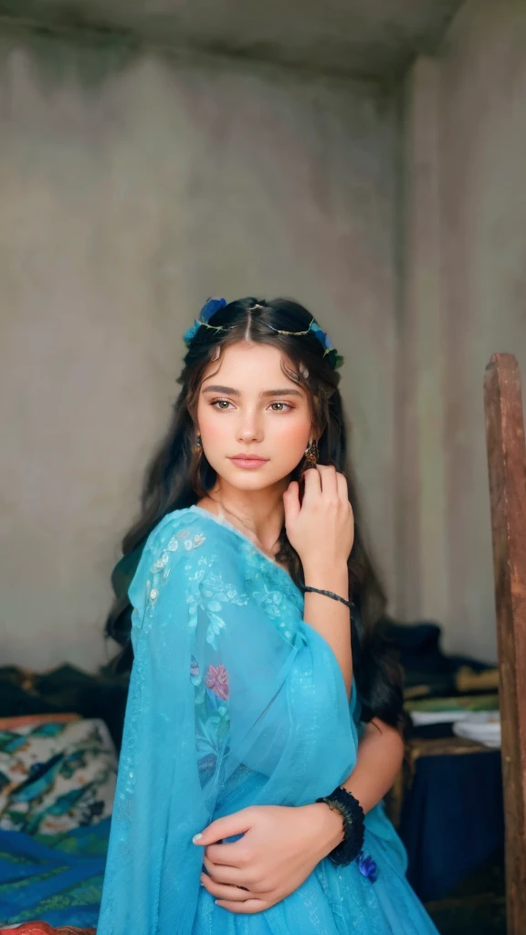 A beautiful girl with long flowing hair, detailed intricate floral crown, delicate features, piercing eyes, lush garden backdrop, vibrant colorful flowers, natural lighting, detailed skin, soft focus, dreamy atmosphere, elegant pose, serene expression, photorealistic, high quality, 8k, masterpiece, cinematic, fantasy art