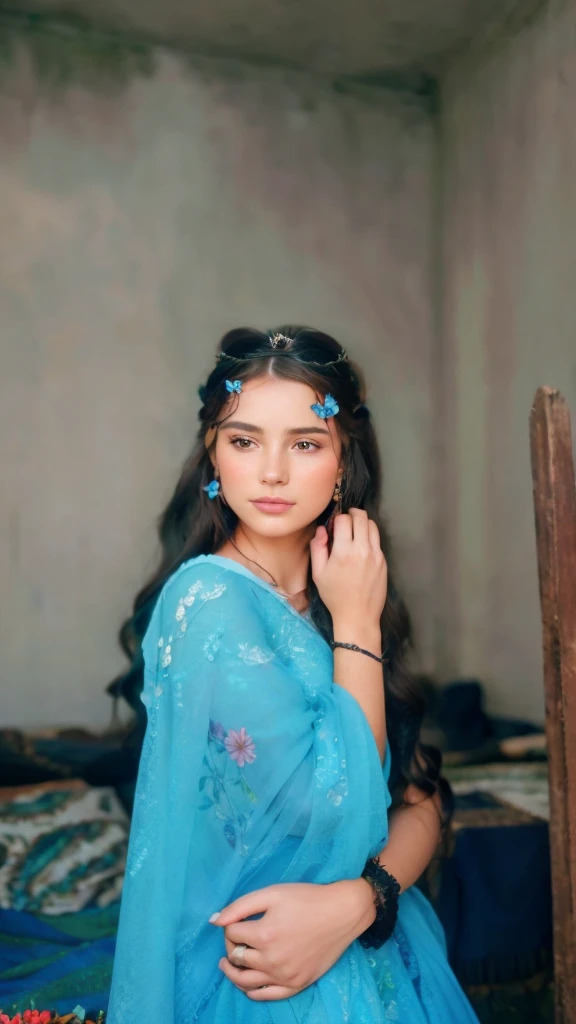 A beautiful girl with long flowing hair, detailed intricate floral crown, delicate features, piercing eyes, lush garden backdrop, vibrant colorful flowers, natural lighting, detailed skin, soft focus, dreamy atmosphere, elegant pose, serene expression, photorealistic, high quality, 8k, masterpiece, cinematic, fantasy art
