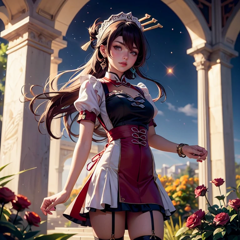 Beidou_(genshin impact), 1girl, centered girl, perfectly body, perfectly hands, solo, jewelry, lavender, ornament hair, brown hair, lon hair, flowing hair, floating hair, ornament hair, perfectly body, perfectly hands, garden scenery, white flower on hair, Looking at the viewer, floating hair, Beautiful Eyes, Plump and glossy lips, maid, maid dress, maid headdress, maid apron, white apron, dress with too many frills, red dress, red laces, red Short skirt, small skirt, skirt with layers, Drape clothes, gold gem, Lace trim, in the garden, luxury gold details, gold jewelry, more details, best quality, Big sparkling eyes, blushing, black Striped Lace Stockings, black Lolita skirt, sparkle, solo, centered girl, cowboy shot, lace garter, perfectly body, perfectly hands, two arms, two legs, two hands, five fingers, perfect anatomy, glowing hair, red roses, in garden, sparkles, more details on her clothes, dress with transparency, red details on her dress, night