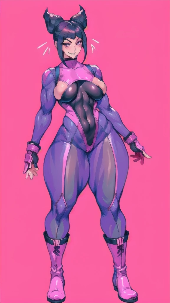 full body in image, full naked woman, full naked body, (feet on image), naked body, simple hair, female body, curvy body, large hips, beautiful woman, thicc body, big thighs, voluptuous body, full thick body, dinamic pose, curve body. detalied pose, body, simple background, expressive face, focus on face, line art, sketch, Full body image of Juri Han from Street Fighter 6, wearing her original outfit (purple and black bodysuit with pink accents, high boots, and fingerless gloves), short black hair styled in twin buns, female body, athletic and flexible body, dynamic pose, detailed pose, simple background, expressive face showing a mischievous grin, focus on face, line art, sketch