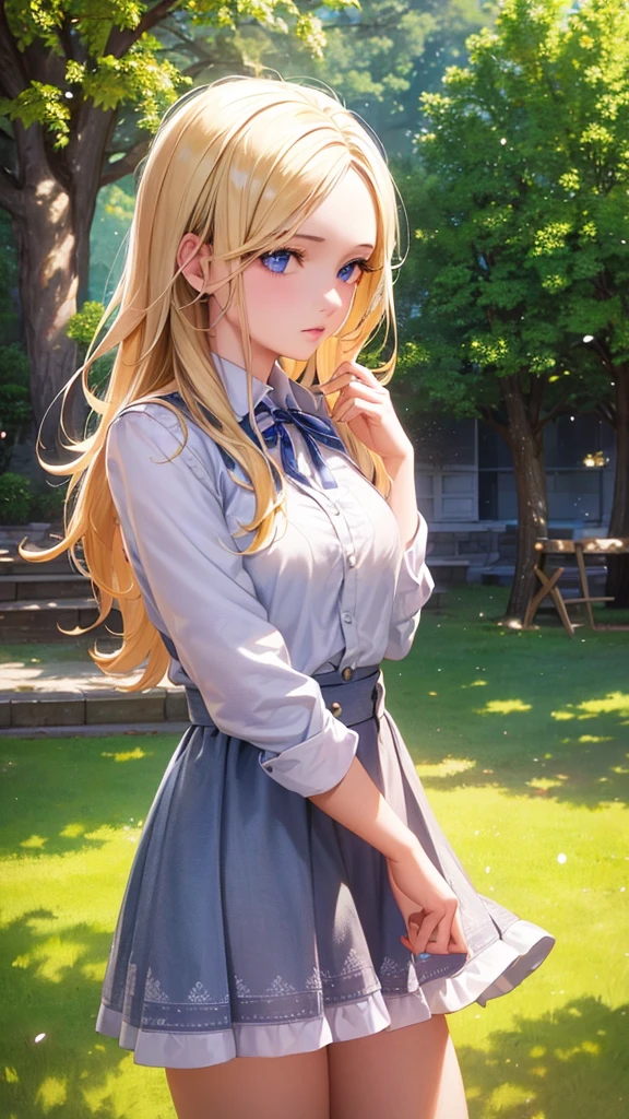 a girl in a , beautiful detailed eyes, beautiful detailed lips, extremely detailed face and features, long eyelashes, blonde hair, standing in a school courtyard, detailed background with trees and buildings, (best quality,4k,8k,highres,masterpiece:1.2),ultra-detailed,(realistic,photorealistic,photo-realistic:1.37),, school girl, outdoors, nature, hyper detailed, vivid colors, soft lighting, intricate background, professional photography