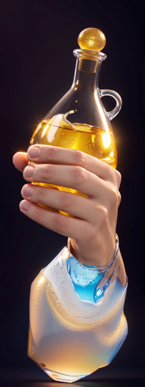 TA hand holding a yellow syrup in a glass, smooth 3d model, glossy plastic texture, multiple light sources, rim light, sharp post effects render, most beautiful vfx, , realistic, 4k, high resolution, rim light, smooth 3d model. , glossy texture, smooth 3d model, multiple light sources, rim light, sharp post effects render, (glossy plastic texture with multiple big light probe refractions), perfect cgi, reflective, best quality, 4k, masterpiece:1.2, ultra-detailed, realistic, vivid colors, The image of the highest quality, ensuring every detail showcased perfectly. It in 4k resolution, allowing viewers to immerse themselves in the richness of the colors and intricate details. The realistic rendering. under the spotlight, reflecting, high-resolution image, realistic rendering