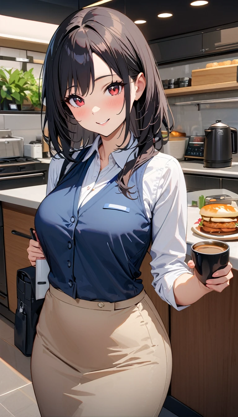 A woman who has undergone,office worker,White shirt with blue vest,Narrow skirt,Mature Woman,(Black Hair),A kind smile,(Have a coffee kettle),Company kitchen,Detailed Background,modern, Verism, masterpiece, textured skin, super detail, best quality, 4K