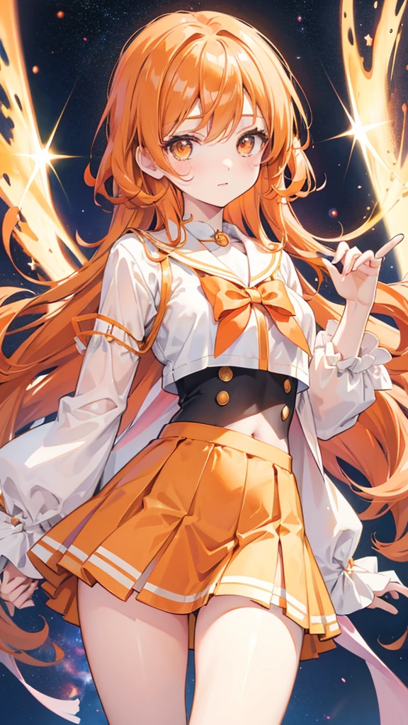 Magical girl Orange wavy hair Orange and white costume mini skirt Great style A relaxed expression universe space