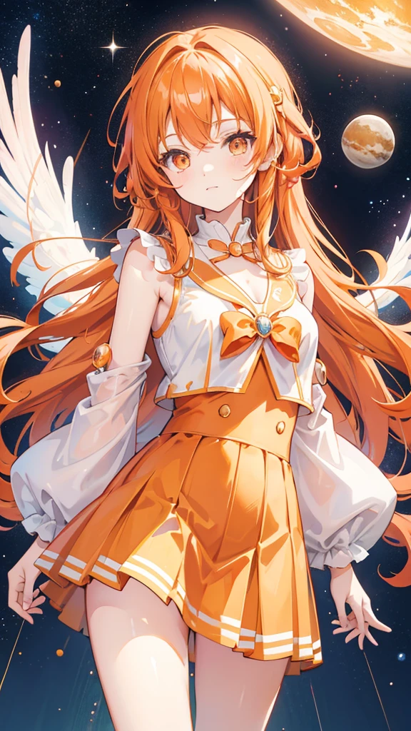 Magical girl Orange wavy hair Orange and white costume mini skirt Great style Adult sister A relaxed expression universe space